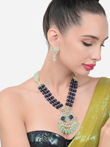 Women's Green Blue Stones & Multistrand Beaded Long Kundan Necklace & Earring Set-ZPFK15643