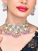 Women's Purple Beads Drop Kundan Bridal Choker Necklace & Earring Set-ZPFK15841