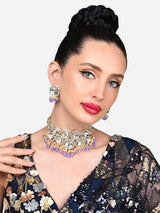 Women's Purple Beads Drop Kundan Bridal Choker Necklace & Earring Set-ZPFK15841