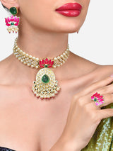 Women's Pink Green Meenakari Lotus Kundan Choker Necklace Earring & Ring Set-ZPFK15844