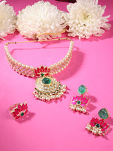 Women's Pink Green Meenakari Lotus Kundan Choker Necklace Earring & Ring Set-ZPFK15844