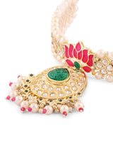 Women's Pink Green Meenakari Lotus Kundan Choker Necklace Earring & Ring Set-ZPFK15844