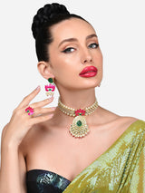 Women's Pink Green Meenakari Lotus Kundan Choker Necklace Earring & Ring Set-ZPFK15844