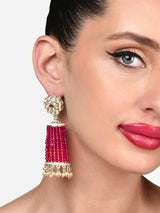 Women's Rani Pink Dazzling Crystal Beaded Hanging Kundan Jhumki Earring-ZPFK15867