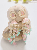 Women's Green Pink Beaded Chain Fringe Meenakari Drop Earring-ZPFK15890