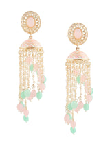 Women's Green Pink Beaded Chain Fringe Meenakari Drop Earring-ZPFK15890