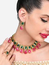 Women's Pink and Green Stones Antique Teardrop Necklace Earring with Ring Set