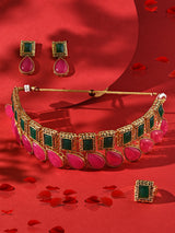 Women's Pink and Green Stones Antique Teardrop Necklace Earring with Ring Set