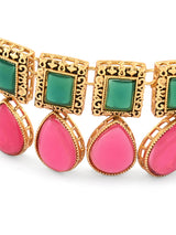 Women's Pink and Green Stones Antique Teardrop Necklace Earring with Ring Set
