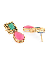 Women's Pink and Green Stones Antique Teardrop Necklace Earring with Ring Set