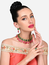 Women's Pink and Green Stones Antique Teardrop Necklace Earring with Ring Set