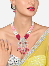 Women's Pink Multistrand Crystal Kundan Bridal Necklace Earring & Ring Set-ZPFK15902
