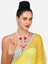 Women's Pink Multistrand Crystal Kundan Bridal Necklace Earring & Ring Set-ZPFK15902