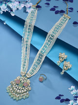 Women's Mint Green and Pink Multistrand Kundan Bridal Necklace Earring Ring Set
