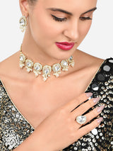 Women's Gold Tone Austrian Diamonds Kundan Choker Necklace Earring & Ring Set-ZPFK15904
