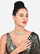 Women's Gold Tone Austrian Diamonds Kundan Choker Necklace Earring & Ring Set-ZPFK15904