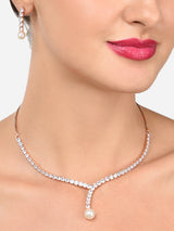 Women's Rose Gold Dazzling Cubic Zirconia & Pearl Lariat Necklace & Earring Set-ZPFK15929