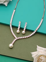 Women's Rose Gold Dazzling Cubic Zirconia & Pearl Lariat Necklace & Earring Set-ZPFK15929