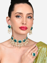 Women's Green Statement Stones Cluster Beads Choker Necklace Earring & Ring Set-ZPFK15934
