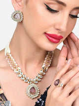 Women's Pink Purple Stones Embellished Kundan Necklace Earring and Ring Set