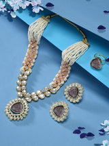 Women's Pink Purple Stones Embellished Kundan Necklace Earring and Ring Set