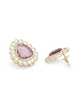 Women's Pink Purple Stones Embellished Kundan Necklace Earring and Ring Set