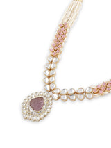 Women's Pink Purple Stones Embellished Kundan Necklace Earring and Ring Set