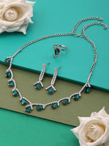 Women's Green Dazzling Austrian Diamonds Party Necklace Earring & Ring Set-ZPFK15942