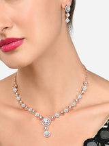 Women's Rose Gold Dazzling Cubic Zirconia Contemporary Necklace & Earring Set-ZPFK15950