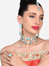 Women's Turquoise Blue Pink Ethnic Choker Necklace Earring Maangtikka Ring Set-ZPFK15977