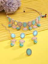 Women's Turquoise Blue Pink Ethnic Choker Necklace Earring Maangtikka Ring Set-ZPFK15977