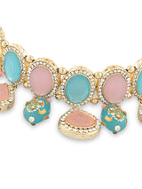 Women's Turquoise Blue Pink Ethnic Choker Necklace Earring Maangtikka Ring Set-ZPFK15977