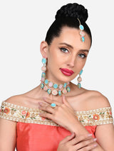 Women's Turquoise Blue Pink Ethnic Choker Necklace Earring Maangtikka Ring Set-ZPFK15977