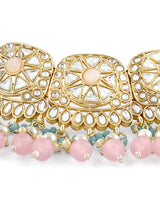Women's Turquoise Blue & Pink Beads Drop Kundan Choker Necklace Earring Maangtikka & Ring Set-ZPFK16015