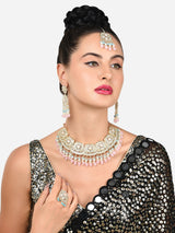 Women's Turquoise Blue & Pink Beads Drop Kundan Choker Necklace Earring Maangtikka & Ring Set-ZPFK16015