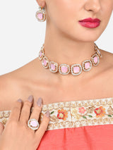 Women's Pink Stones Dazzling Austrian Diamonds Necklace Earring & Ring Set-ZPFK16074