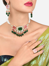 Women's Multicolor Stones & Cluster Beads Drop Kundan Multistrand Choker Necklace Earring & Ring Set-ZPFK16083