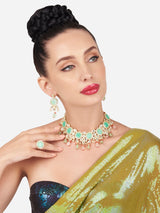 Women's Multicolor Stones Beads Kundan Choker Necklace Earring & Ring Set-ZPFK16120