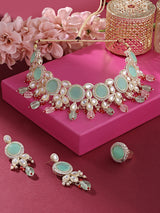 Women's Multicolor Stones Beads Kundan Choker Necklace Earring & Ring Set-ZPFK16120