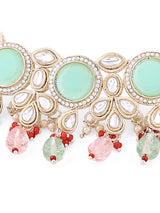 Women's Multicolor Stones Beads Kundan Choker Necklace Earring & Ring Set-ZPFK16120
