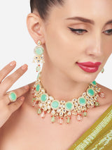 Women's Multicolor Stones Beads Kundan Choker Necklace Earring & Ring Set-ZPFK16120