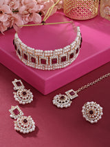 Women's Purple Stones Dazzling Austrian Diamonds Pearls Choker Necklace Earring Maangtikka & Ring Set-ZPFK16132