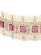 Women's Purple Stones Dazzling Austrian Diamonds Pearls Choker Necklace Earring Maangtikka & Ring Set-ZPFK16132