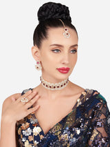 Women's Purple Stones Dazzling Austrian Diamonds Pearls Choker Necklace Earring Maangtikka & Ring Set-ZPFK16132