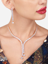 Women's Rose Gold Dazzling Cubic Zirconia Contemporary Party Bling Lariat Necklace and Earring Set