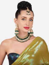 Women's Green Beaded Kundan Choker Necklace Earring & Maangtikka Set-ZPFK16165