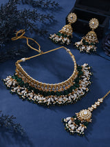 Women's Green Beaded Kundan Choker Necklace Earring & Maangtikka Set-ZPFK16165