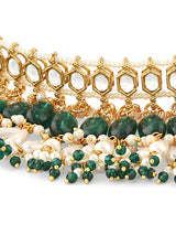 Women's Green Beaded Kundan Choker Necklace Earring & Maangtikka Set-ZPFK16165