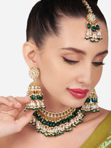 Women's Green Beaded Kundan Choker Necklace Earring & Maangtikka Set-ZPFK16165