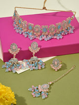 Women's Turquoise Blue Pink Stones Beads Choker Necklace Earring Maangtikka Ring Set-ZPFK16166
